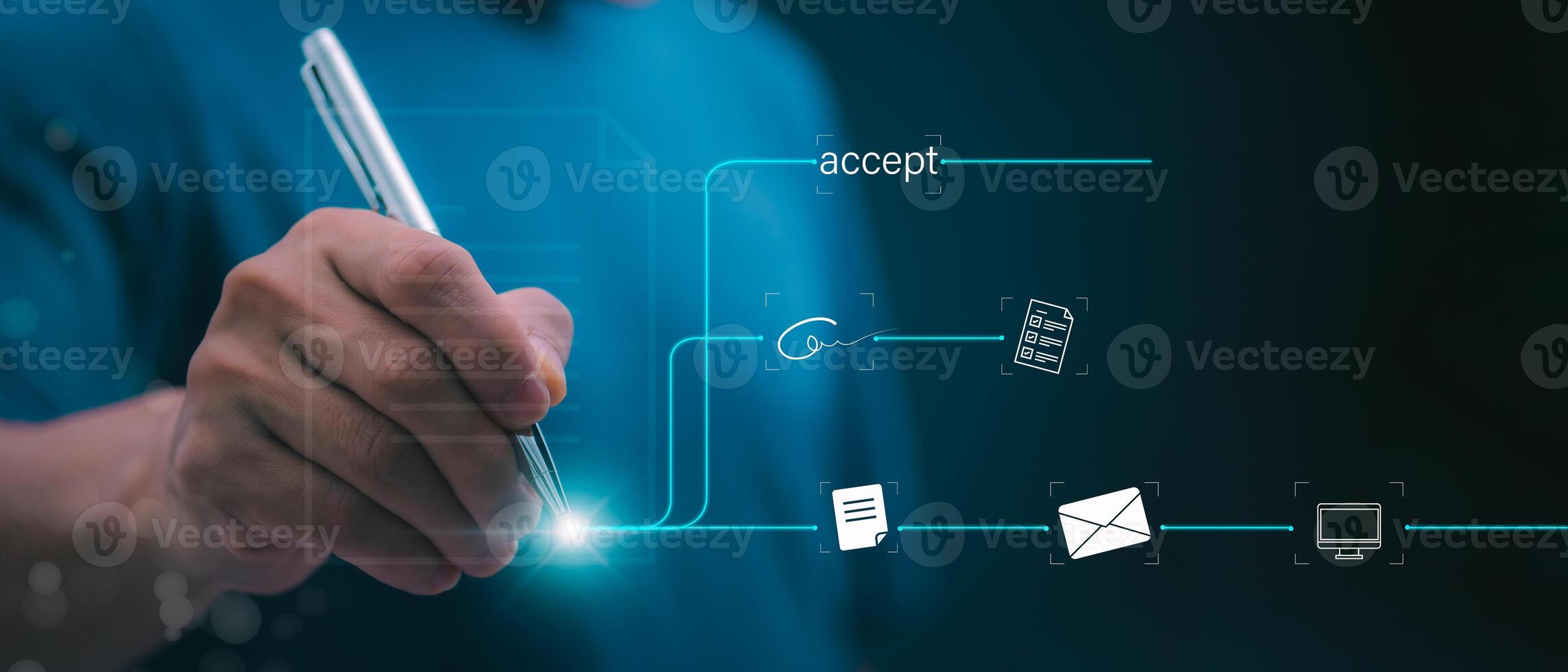 Close-up of a man's right hand holding a pen preparing to start writing or signing on the white background, the concept of signing a document or accepting an agreement with digital technology. photo