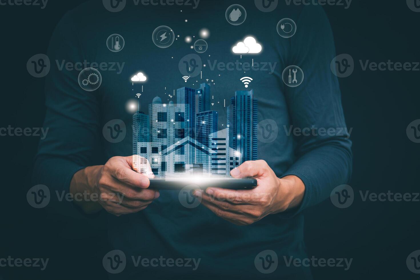 Connecting, communicating, and exchanging with global network cloud data internet technology. Using wireless data with high-speed technology for economic, scientific, and financial development. photo