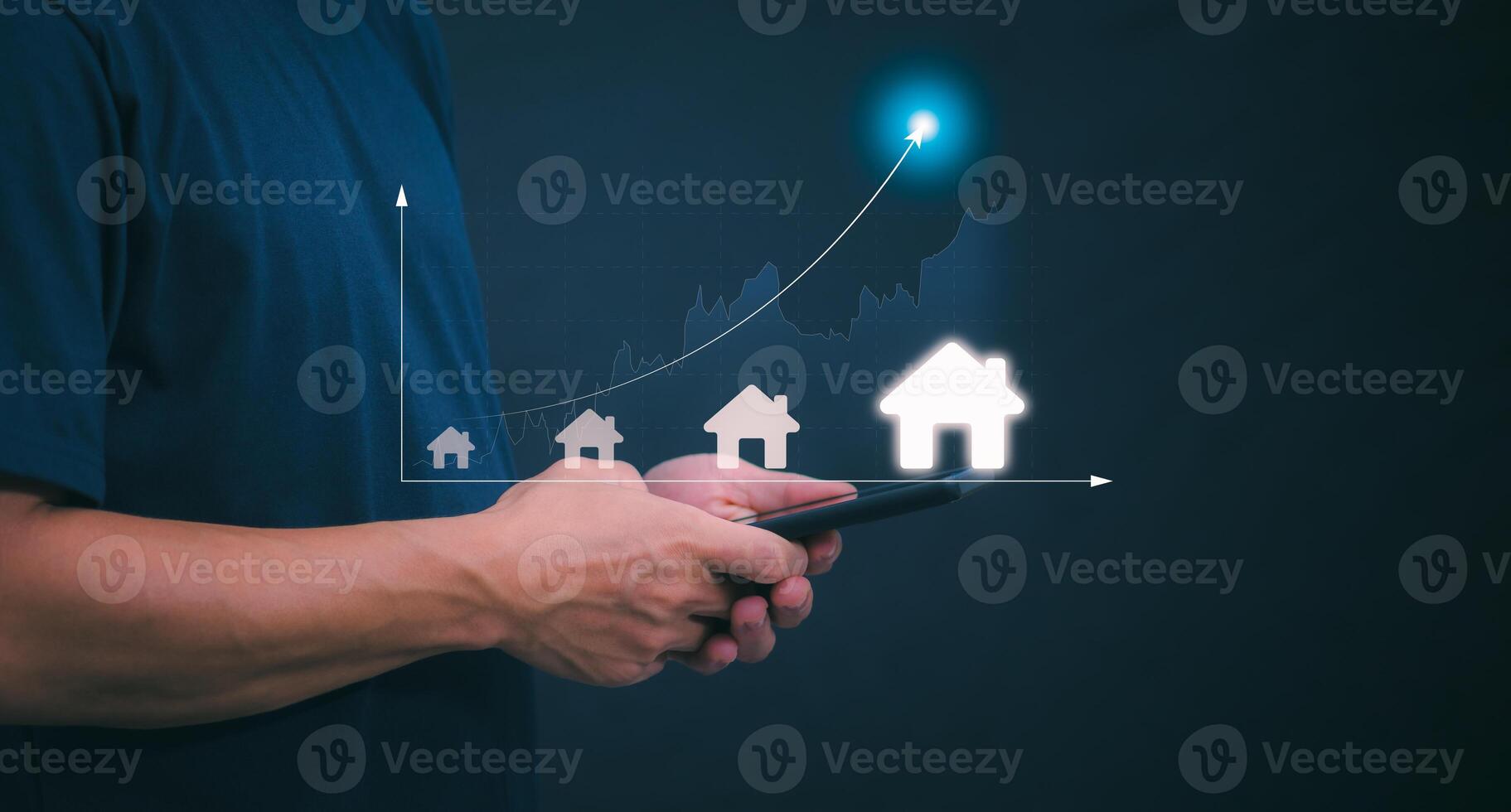 Planning and strategy, stock market, business growth, progress or success concept, businessman or trader showing real estate stock Virtual holograms, invest in stock market trading or digital assets. photo