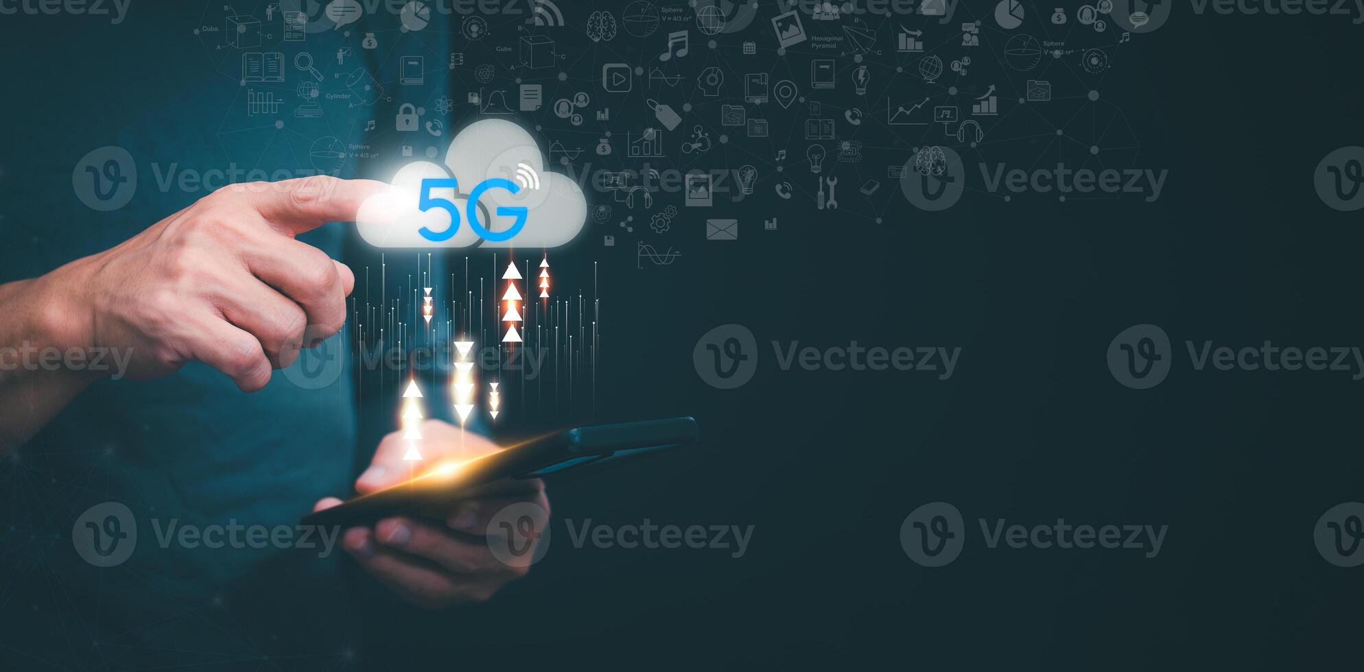 Connecting, communicating, and exchanging with global network cloud data internet technology. Using wireless data with high-speed technology for economic, scientific, and financial development. photo
