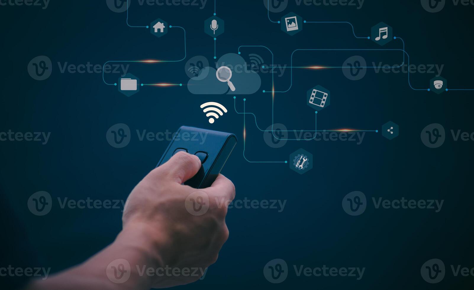 Concepts of using digital media, social media Surfing online, male hand using remote control To play or use social media, the concept of working remotely, working from home via the internet. photo