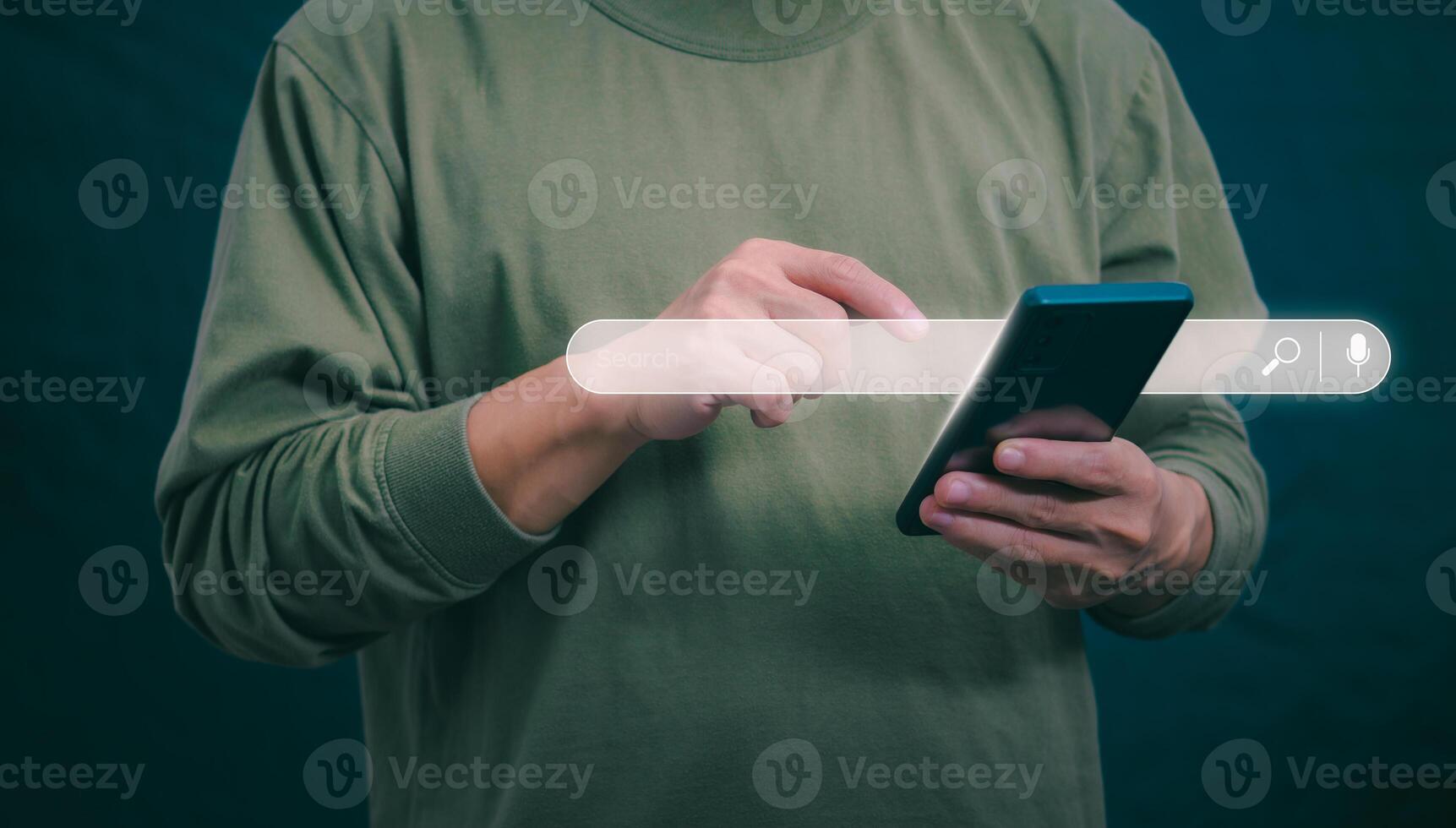 Information search technology, search engine optimization, male hand using a smartphone to search information, using the search bar function on your website photo