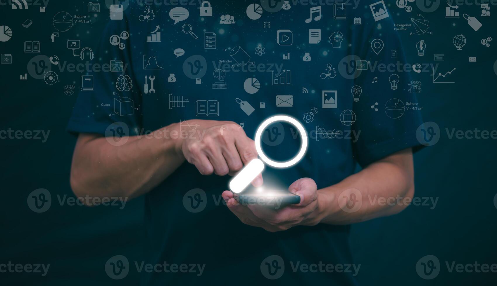 Information search technology, search engine optimization, male hand using a smartphone to search information, using the search bar function on your website photo