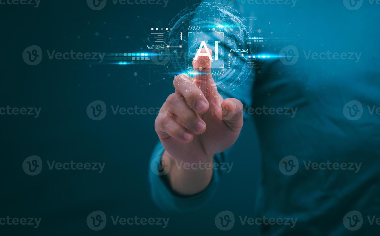 The person showing AI technology that connects information to various systems, concepts, management, digital transformation Internet of Things, Big Data and Business Processes, Automated Operations photo