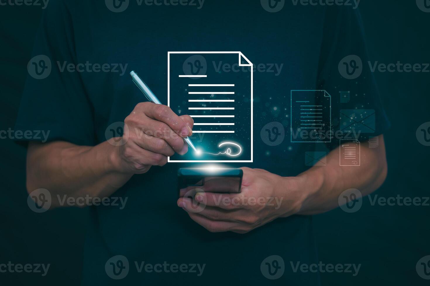 The person signing an electronic document on a smartphone, management concept, digital transformation Internet of Things, Big Data and Business Processes, Automated Operations, Data Storage photo