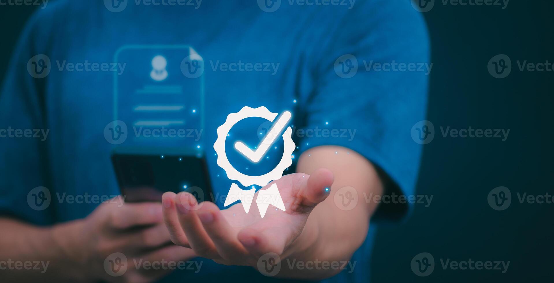 Male hand pointing at symbol of guarantee of quality of service Certification concept and standard quality control Standard warranty Documents certified on virtual screen photo