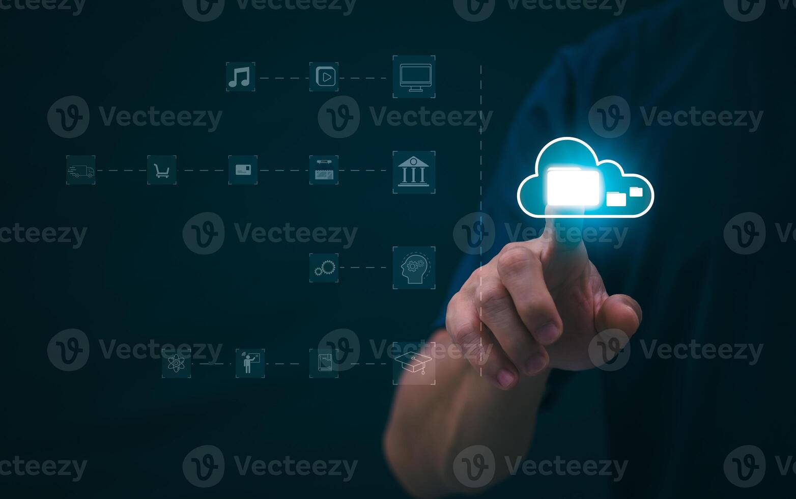 Connecting, communicating, and exchanging with global network cloud data internet technology. Using wireless data with high-speed technology for economic, scientific, and financial development. photo