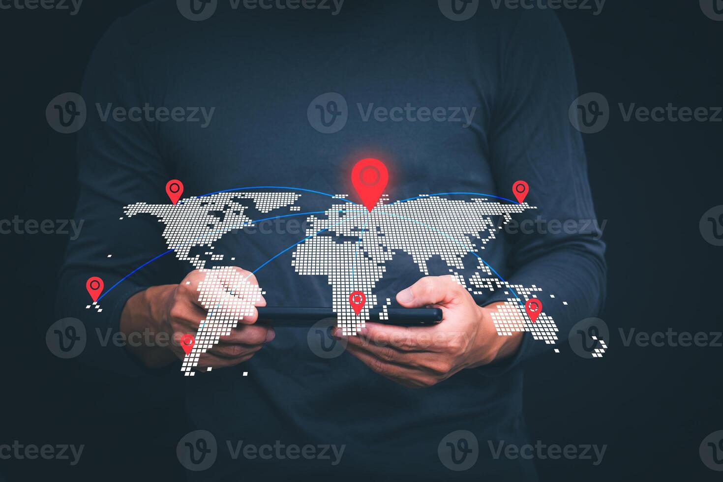 Connecting, communicating, and exchanging with global network cloud data internet technology. Using wireless data with high-speed technology for economic, scientific, and financial development. photo