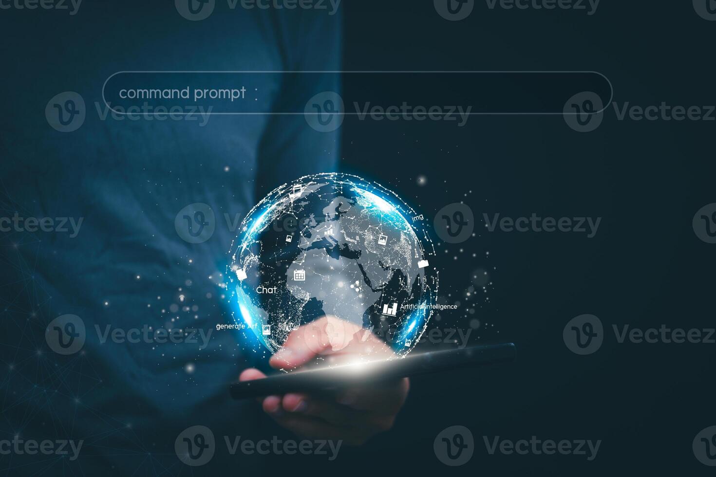The concept of using digital media, technology, Surfing the world online, males using AI-powered smartphones to command or use social media, remote working concept, working from home via the internet photo