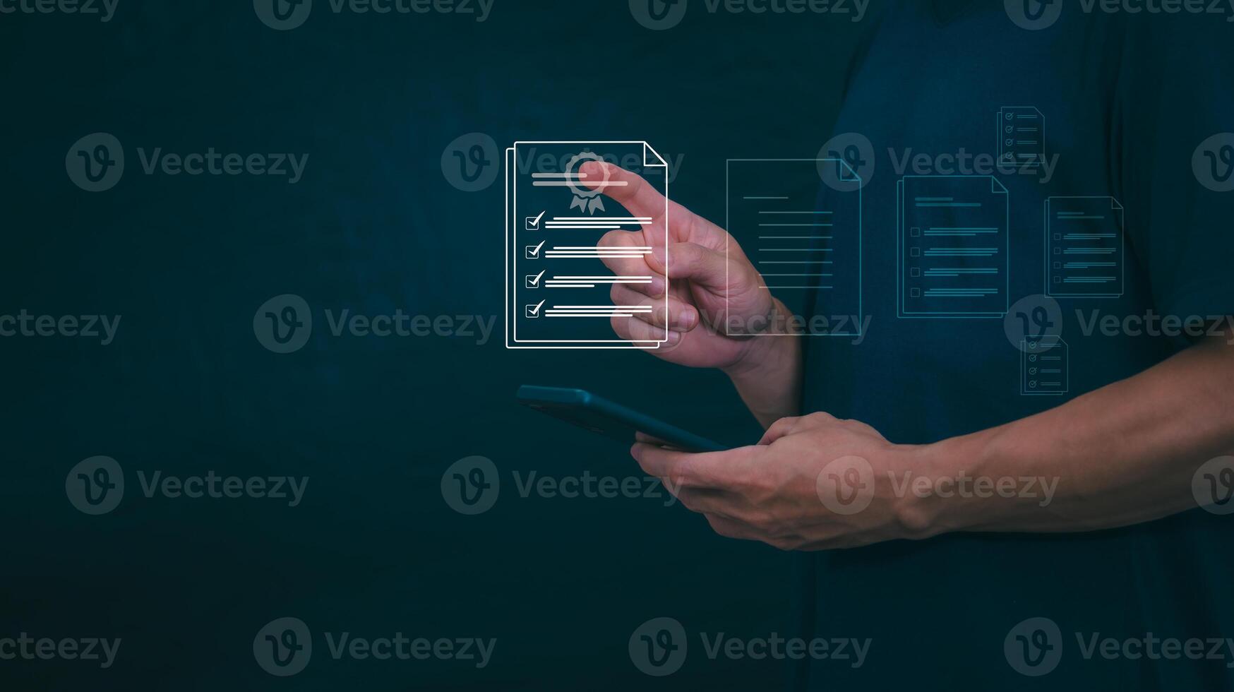 Male hand pointing at symbol of guarantee of quality of service Certification concept and standard quality control Standard warranty Documents certified on virtual screen photo