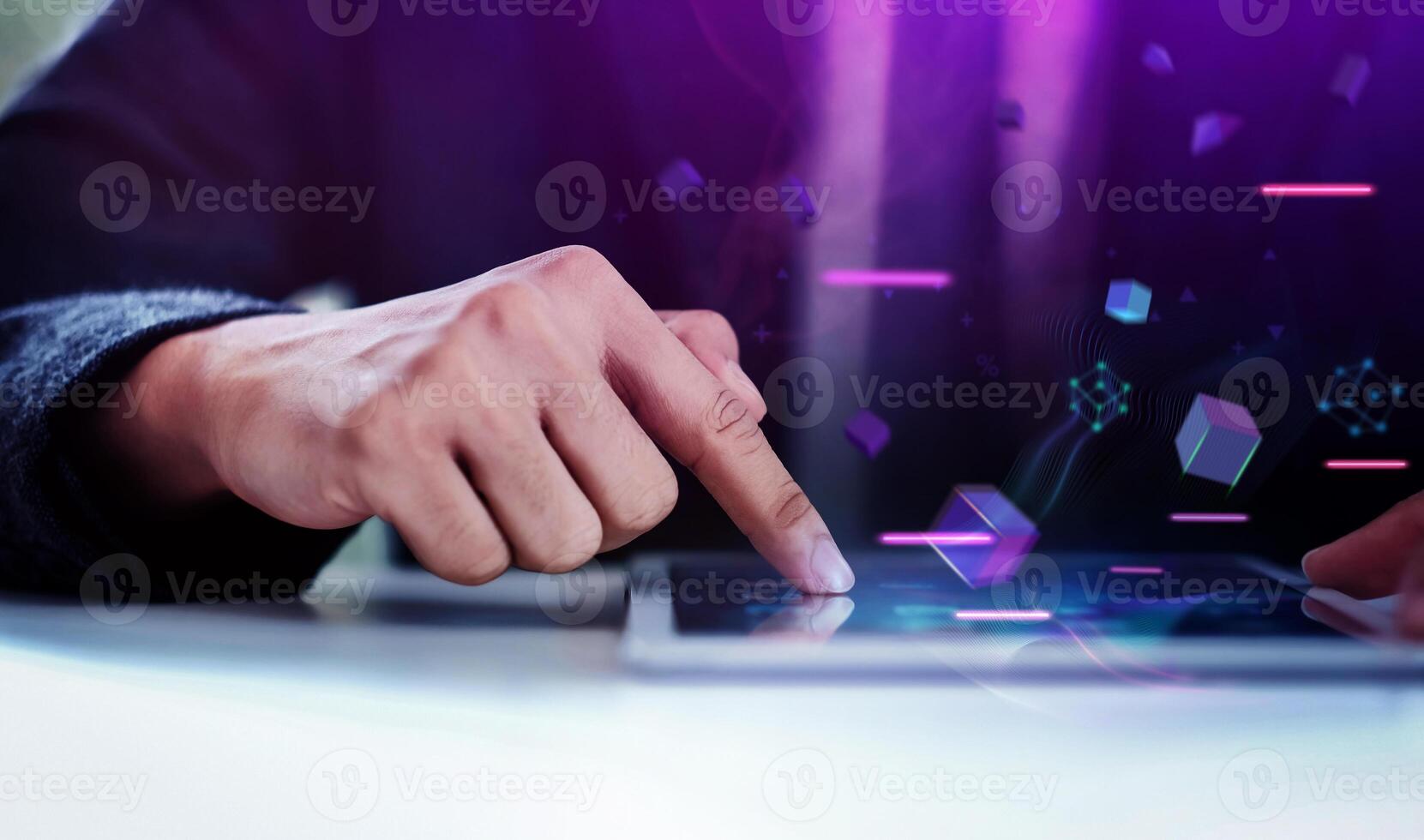 Close up of a Businessman Working on Digital Web3 or Blockchain Technology via Tablet in Office on Desk. Selective Focus and Cropped image photo