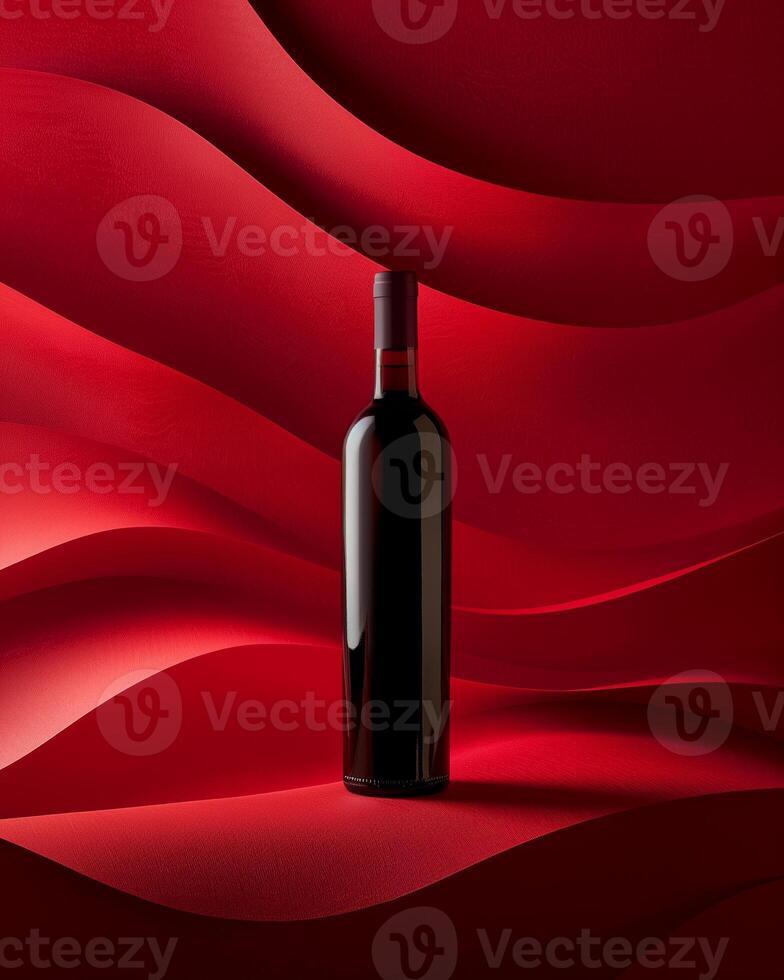 Bottle of red wine on red background vibrant magenta hues photo