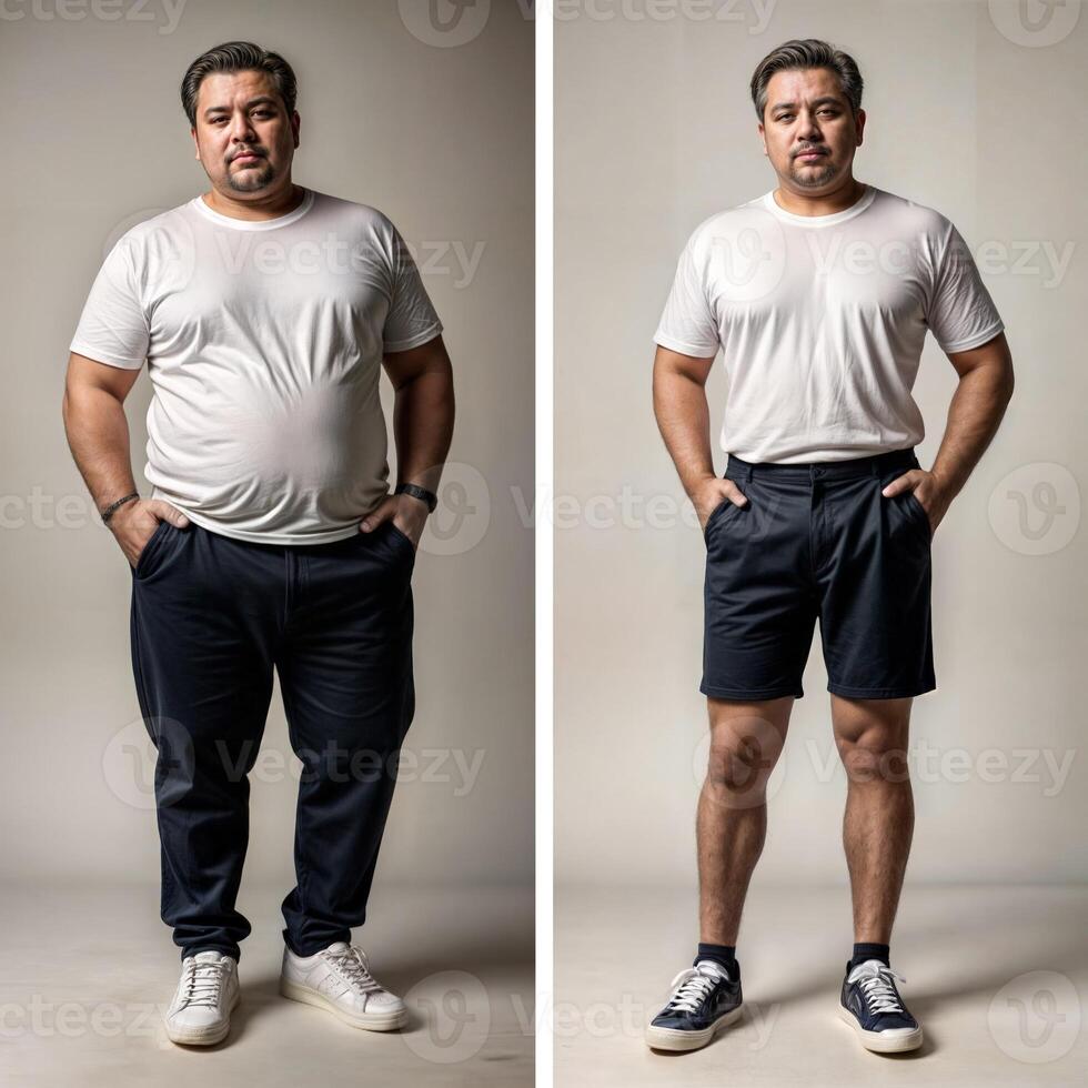 Before and after photo of the transformation of a man on his weight loss journey