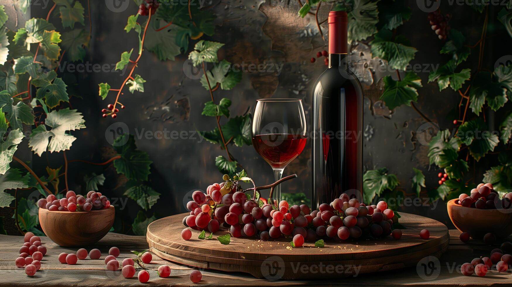 A bottle and glass of wine adorn the table, adding elegance to the setting photo