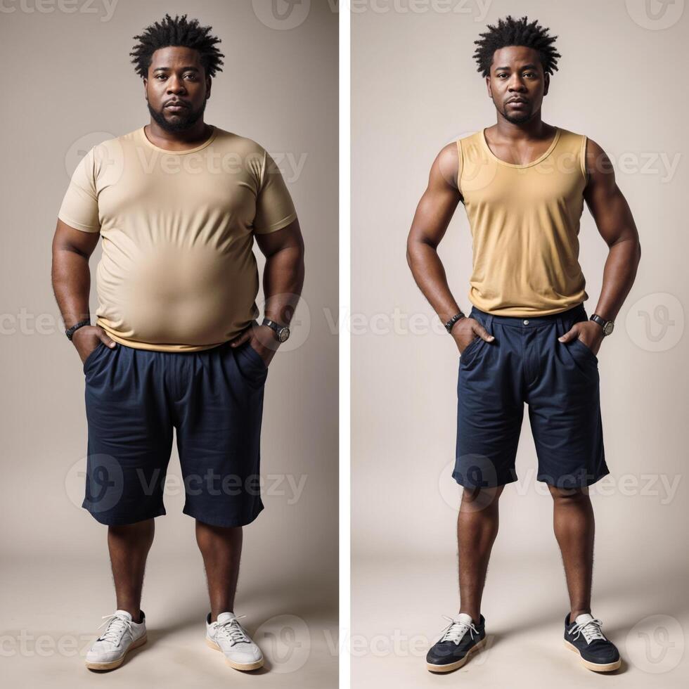 An African man in tank top and shorts before and after workout photo