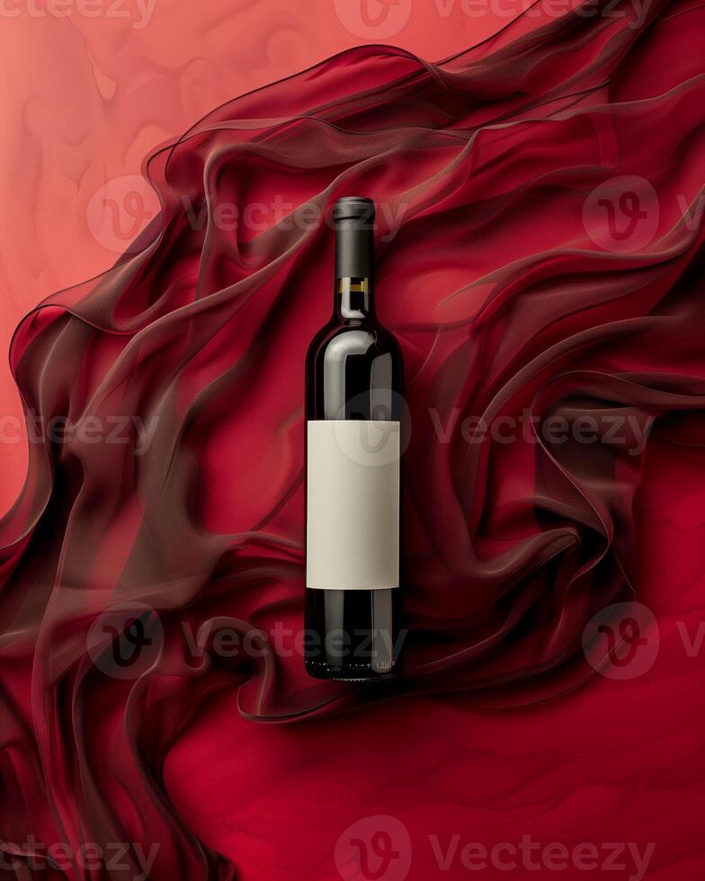 A purple glass bottle of wine with mock up label sits on a matching red cloth photo