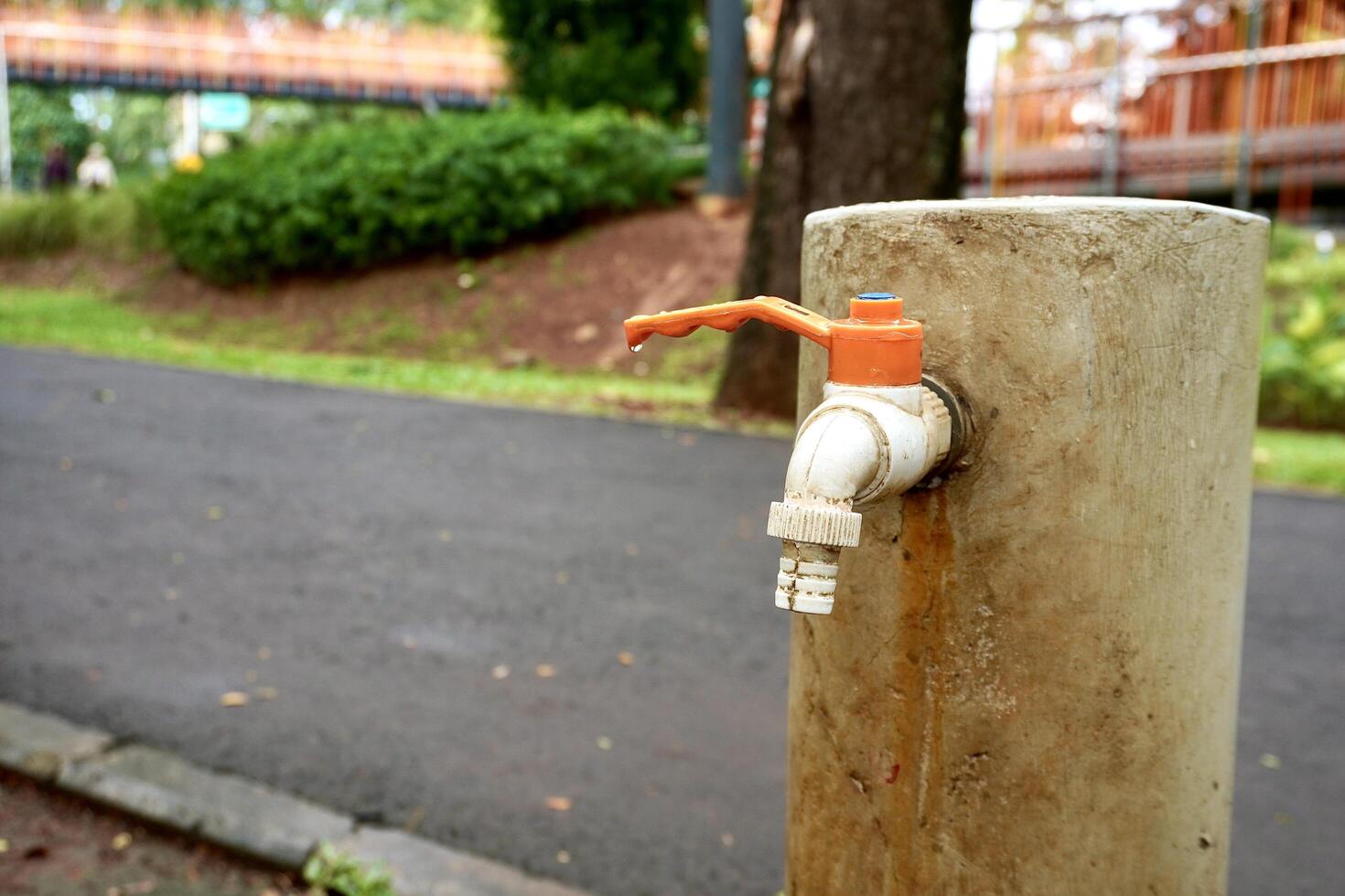 Orange and white colored plastic water faucet isolated on horizontal ratio outdoor park and garden environment with green grasses, botanical plants, gray asphalt road, and orange bridge background. photo