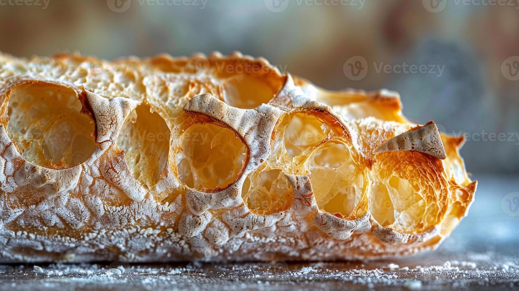 Crusty Baguette, rugged texture of the crust and the intricate structure of the interior photo