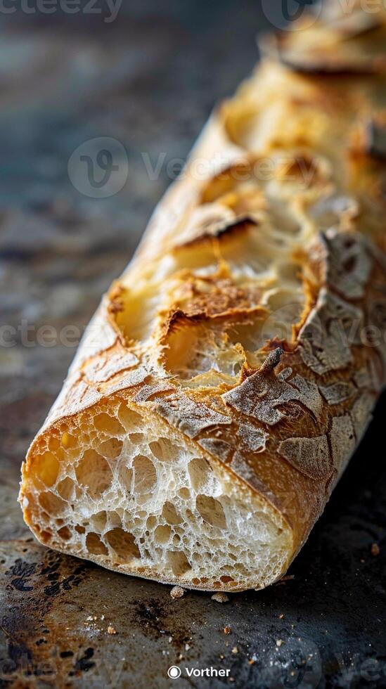 Crusty Baguette, rugged texture of the crust and the intricate structure of the interior photo