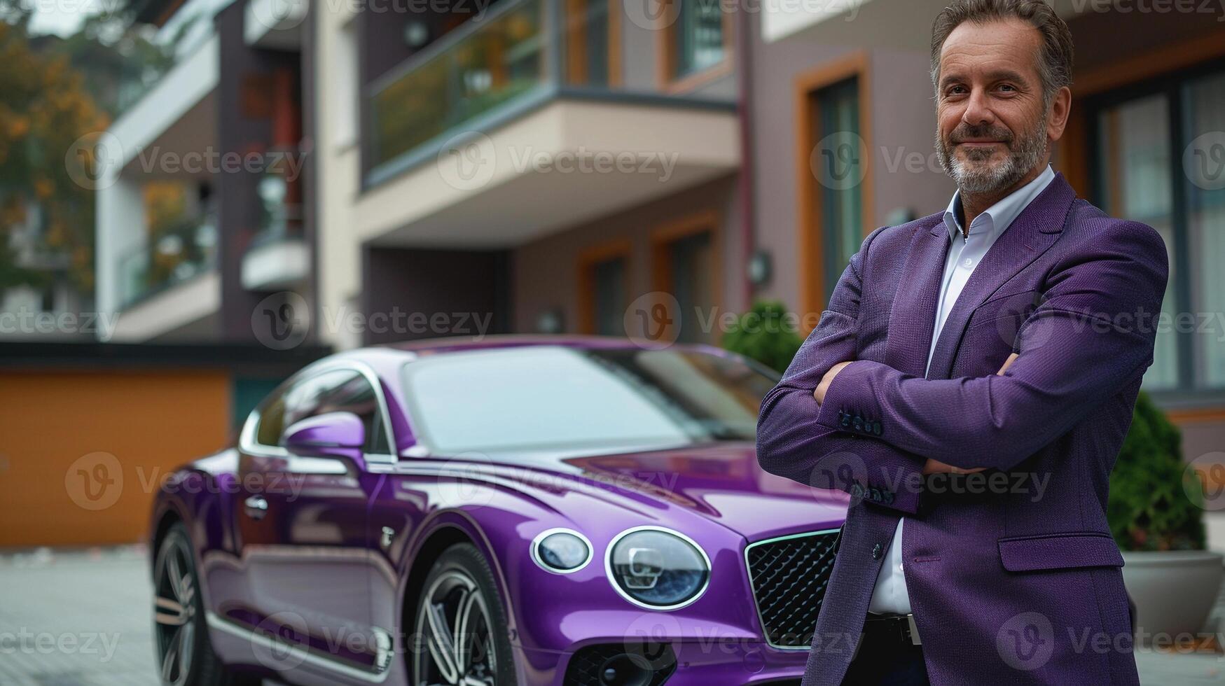 A successful businessman posing in front of his purple luxury car with a luxury housing complex in the background photo