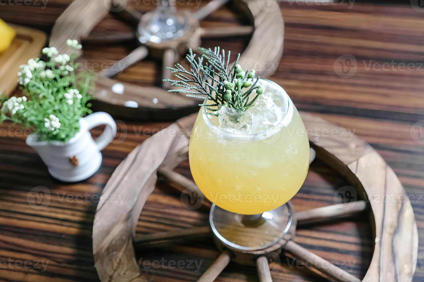 Refreshing Drink on Wooden Table photo