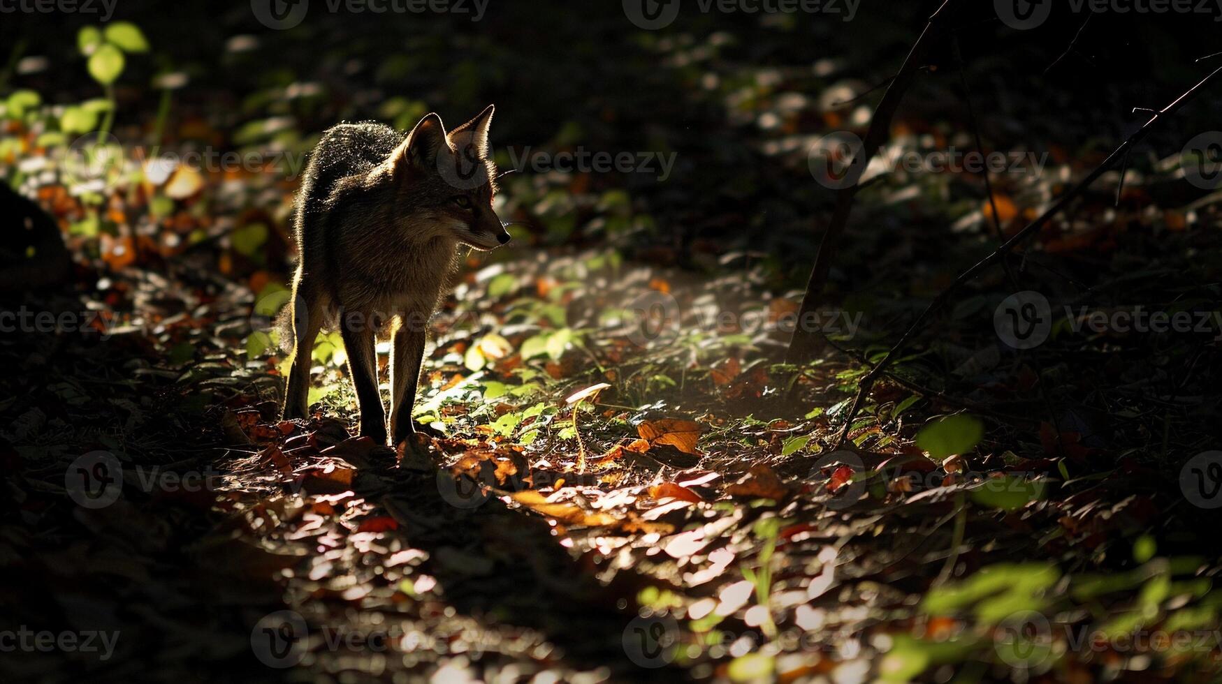 Shadow of a fox cast on the forest floor, with dappled light photo