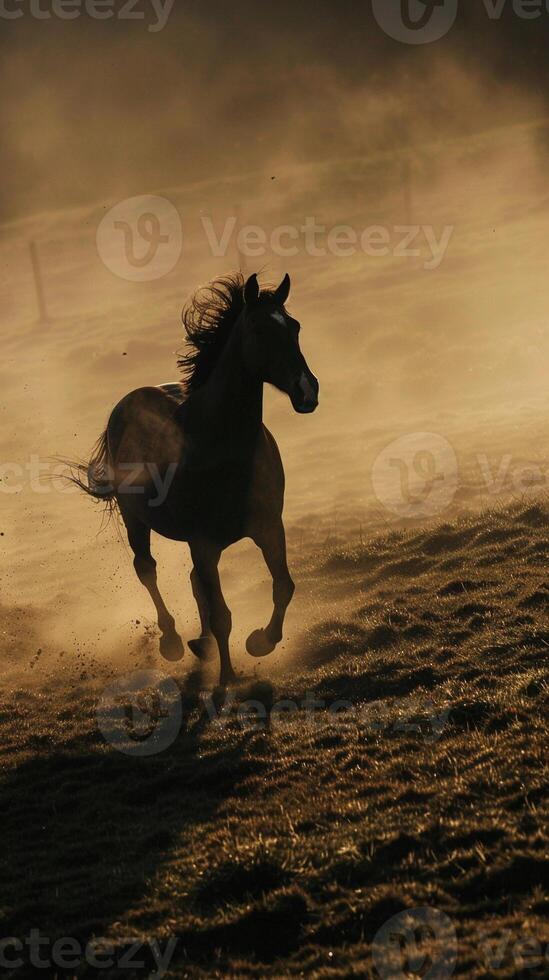 Shadow of a galloping horse on a dusty plain or grassy field photo