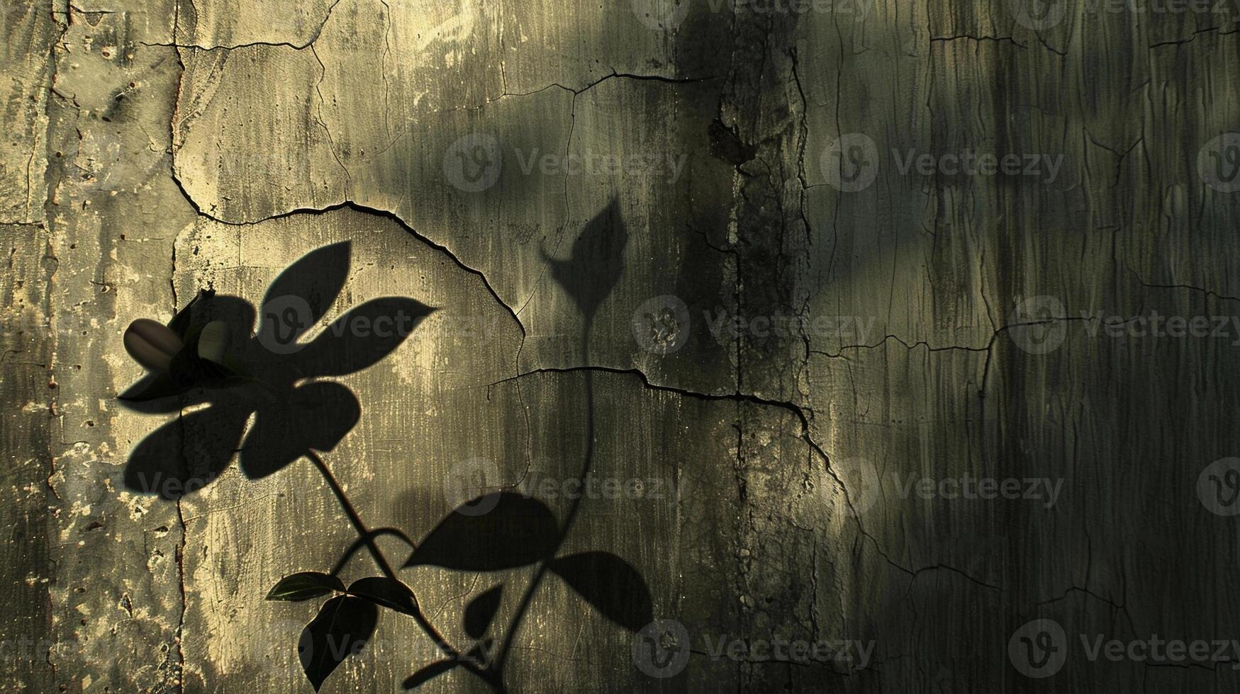 Shadow of a blooming flower on a concrete wall with the sunlight casting a clear silhouette of the petals and leaves photo