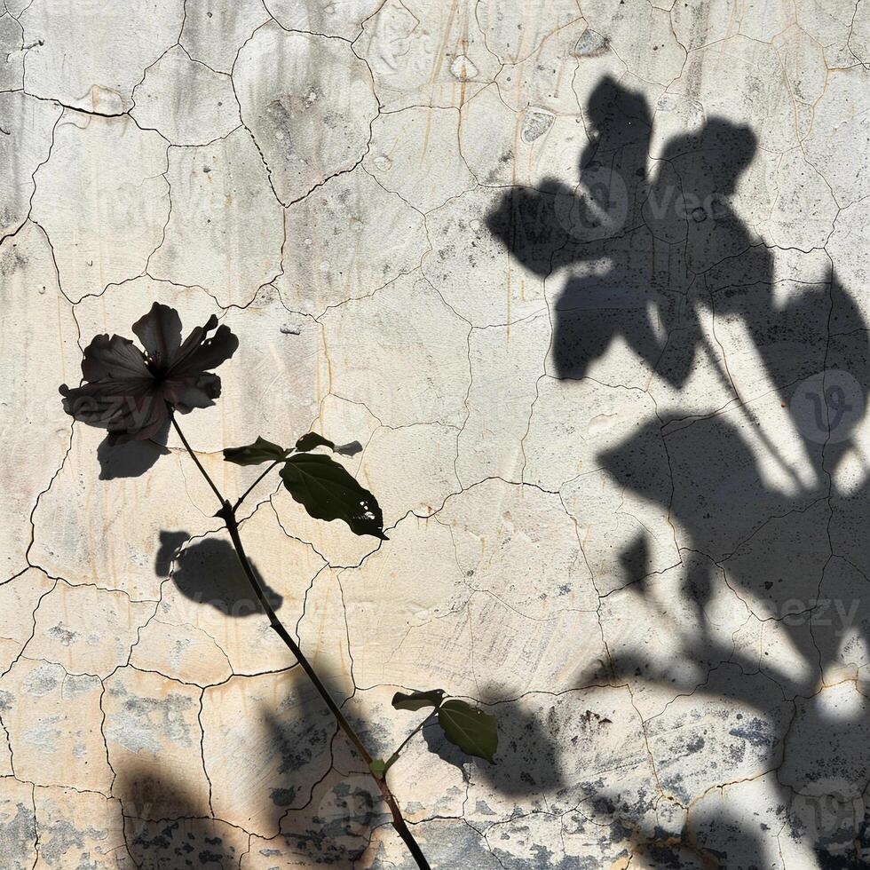 Shadow of a blooming flower on a concrete wall with the sunlight casting a clear silhouette of the petals and leaves photo