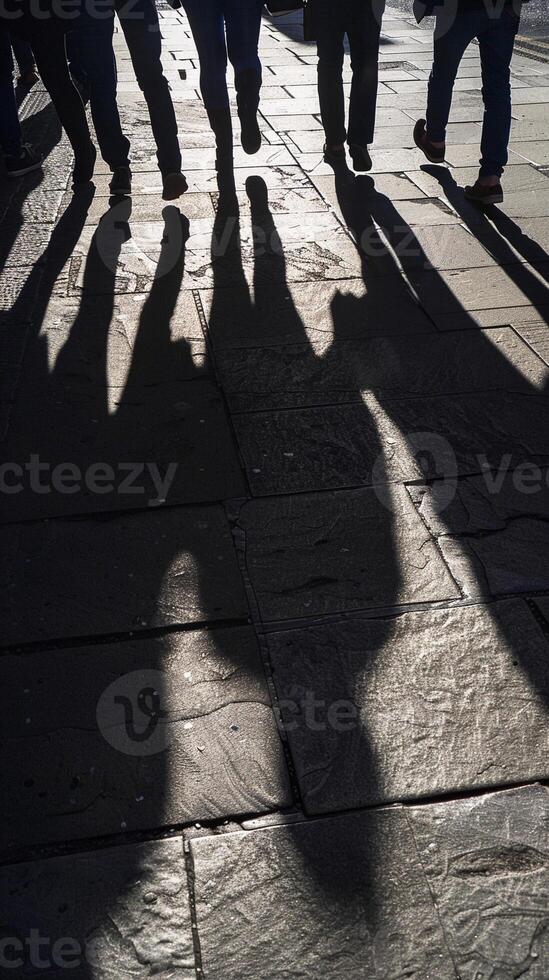 Shadows of a group of people walking together on a city sidewalk or pavement photo
