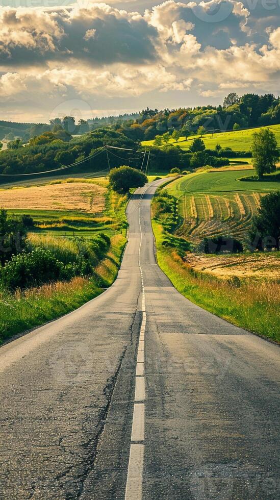 Countryside Road, a winding countryside road with fields and trees on either side photo