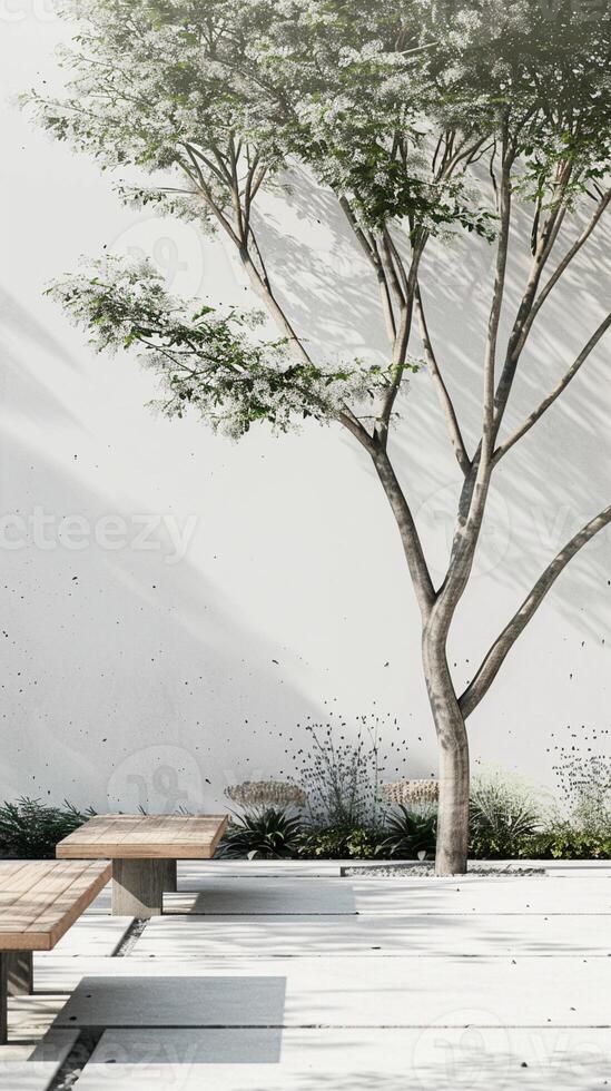 A simple garden seating area with minimalist outdoor furniture, like a sleek bench or chairs, surrounded by sparse greenery photo