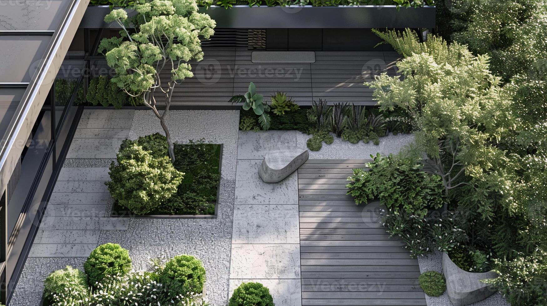 A minimalist garden with geometric planting beds, featuring low-maintenance plants and succulents photo