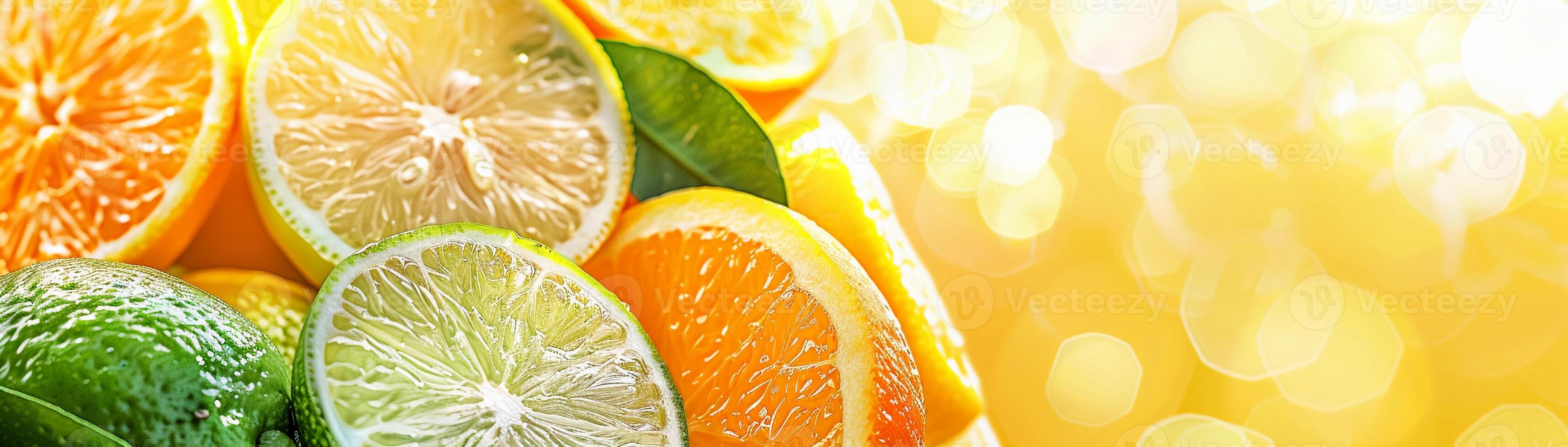 Bright Citrus Party, Citrus-themed party backdrop with a yellow background, oranges, lemons, and limes photo