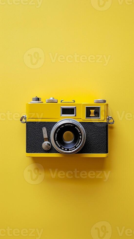 Yellow background to evoke vintage retro vibes, retro props such as vinyl records, old cameras, and vintage signage photo