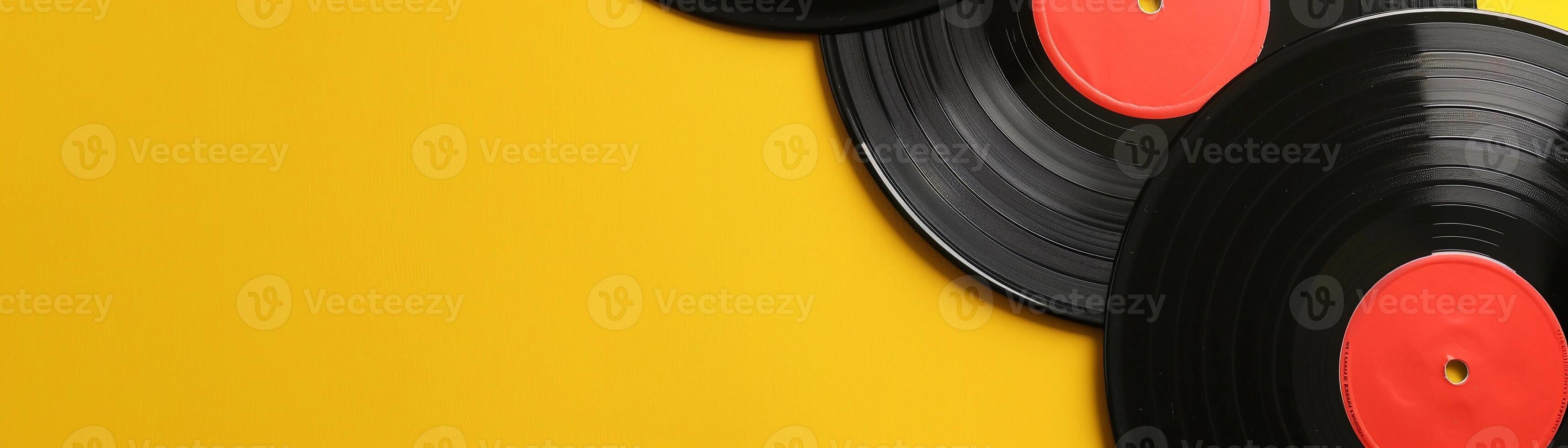 Yellow background to evoke vintage retro vibes, retro props such as vinyl records, old cameras, and vintage signage photo
