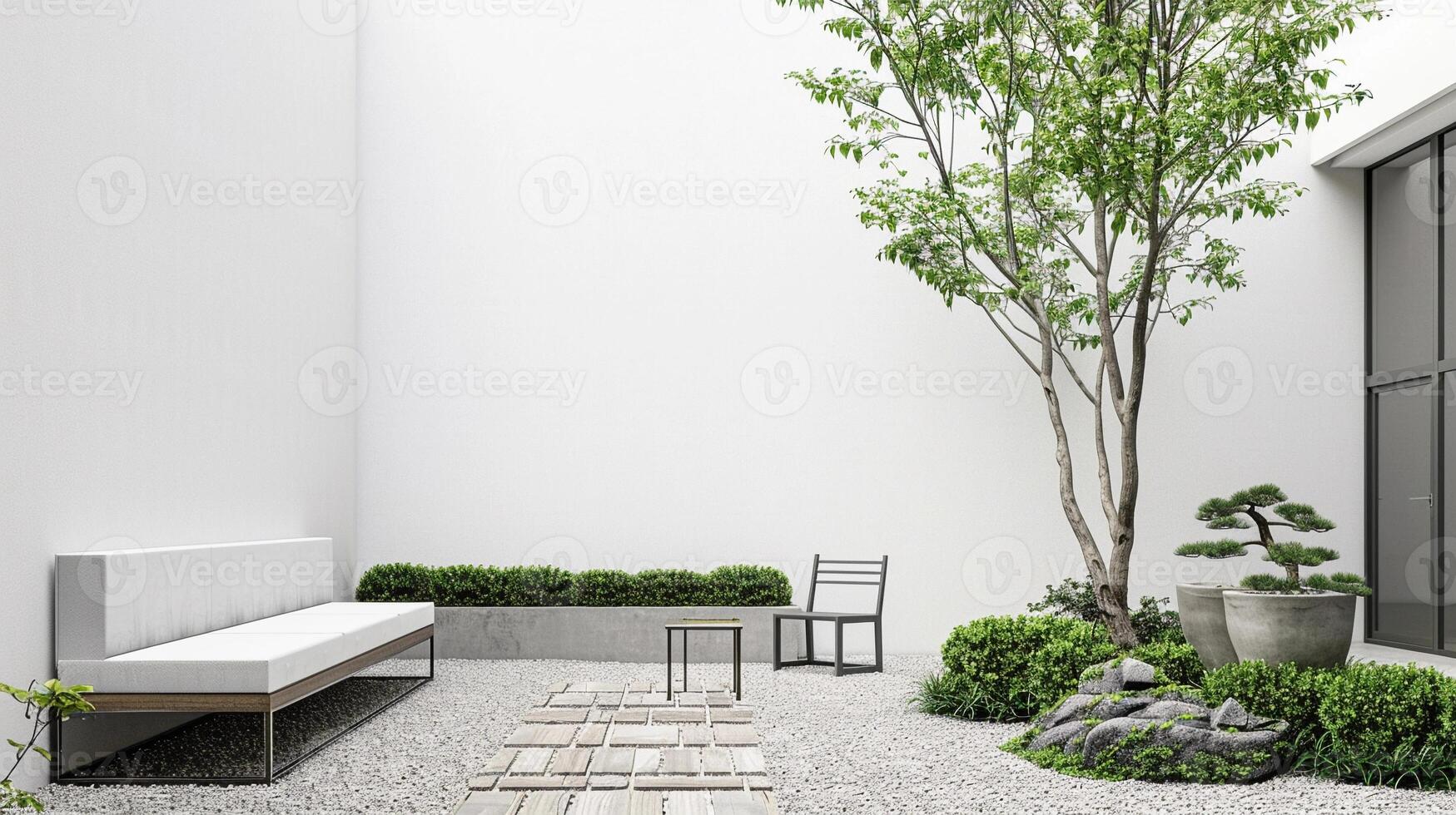 A simple garden seating area with minimalist outdoor furniture, like a sleek bench or chairs, surrounded by sparse greenery photo