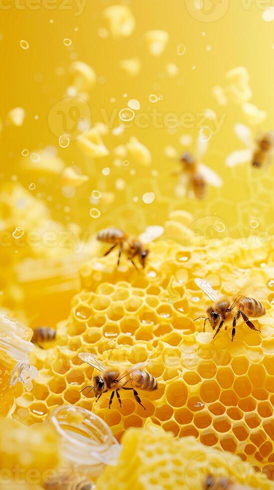 Whimsical honeybee hive backdrop with a yellow background, honeycomb patterns, bee illustrations, and jars of honey photo