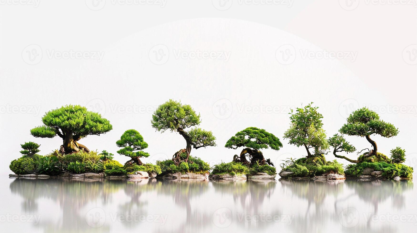 A minimalist garden with a collection of bonsai trees set against a clean white background photo