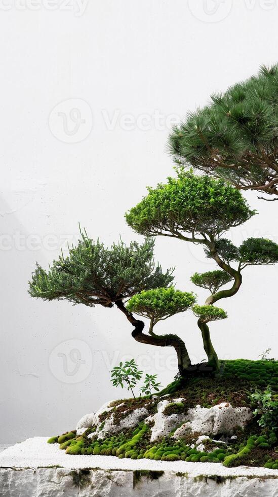 A minimalist garden with a collection of bonsai trees set against a clean white background photo