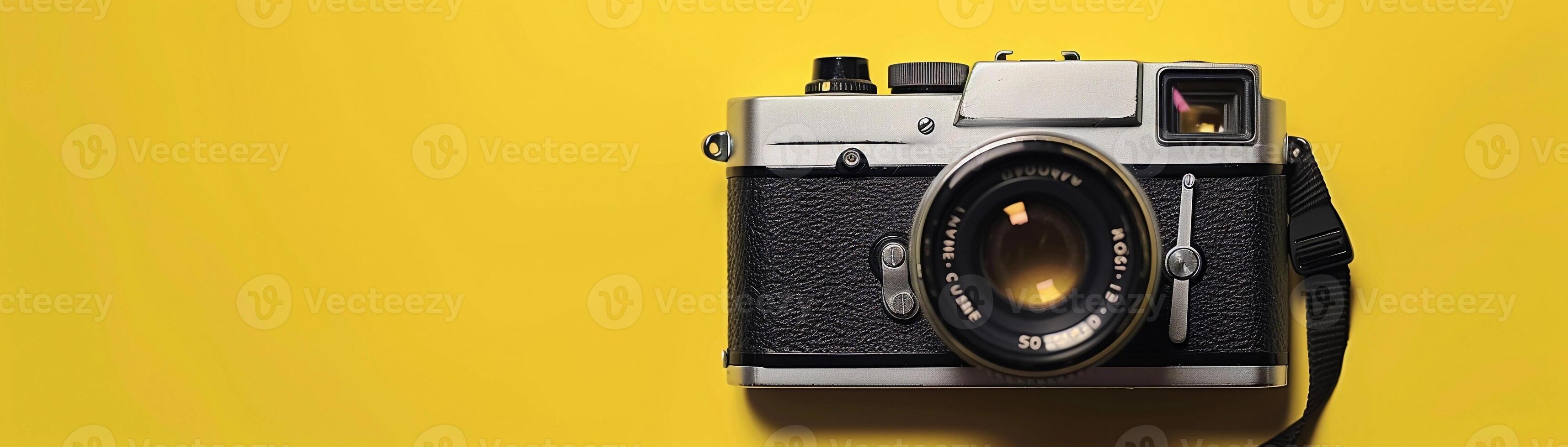 Yellow background to evoke vintage retro vibes, retro props such as vinyl records, old cameras, and vintage signage photo