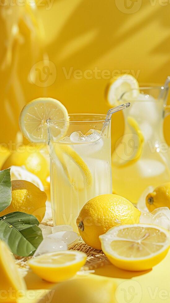 Lemonade stand backdrop with a bright yellow background, pitchers of lemonade, glasses, and lemon slices for a refreshing and summery scene photo