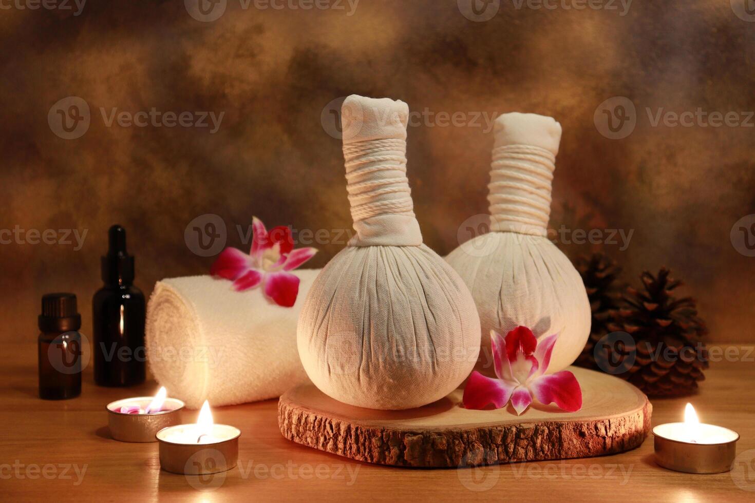 Thai herbal compress balls for massage. Spa and wellness, aromatherapy treatment. photo