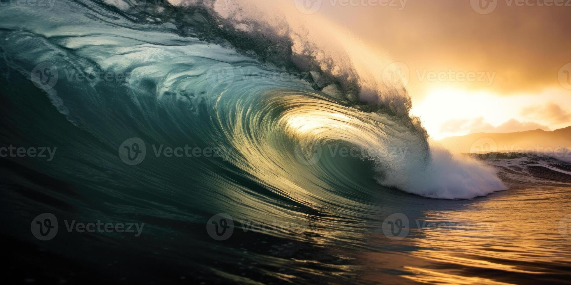 Surf Ocean Wave. Majestic Wave Curling With Golden Sunset Light. photo