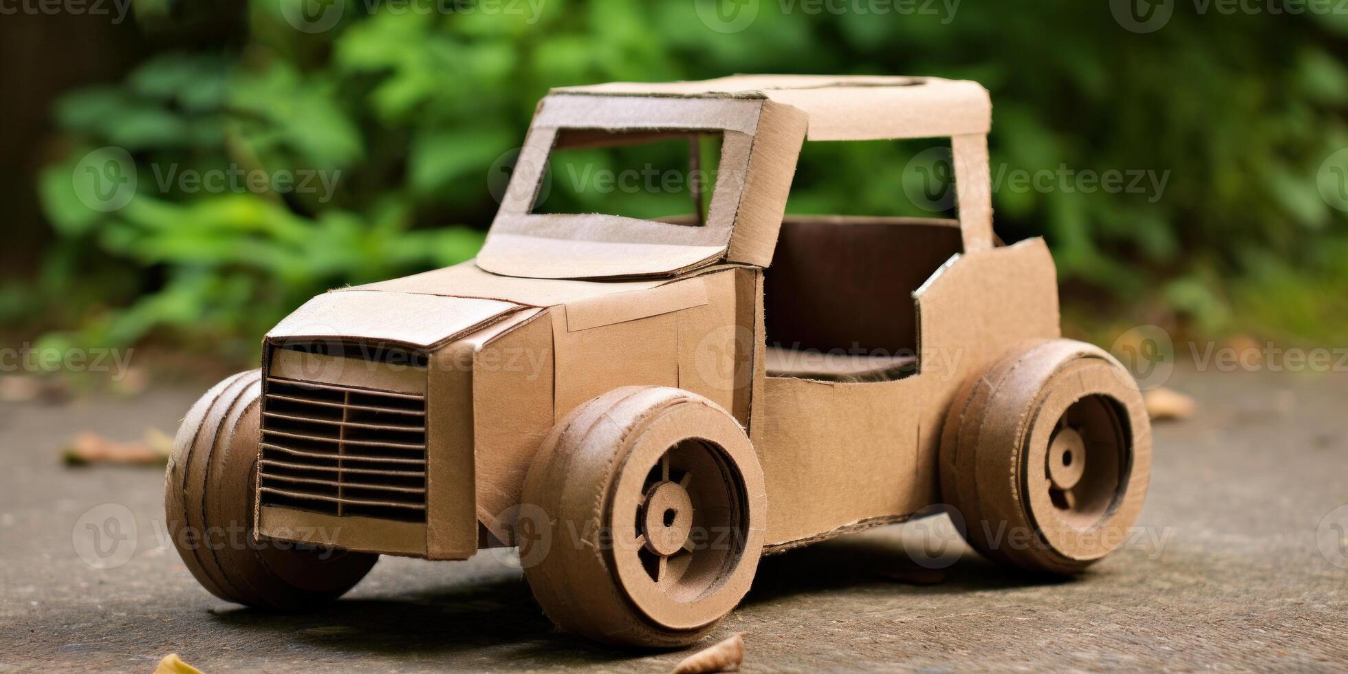 Handmade Cardboard Car Model with Greenery in the Background. Eco Friendly Kid Toy. photo