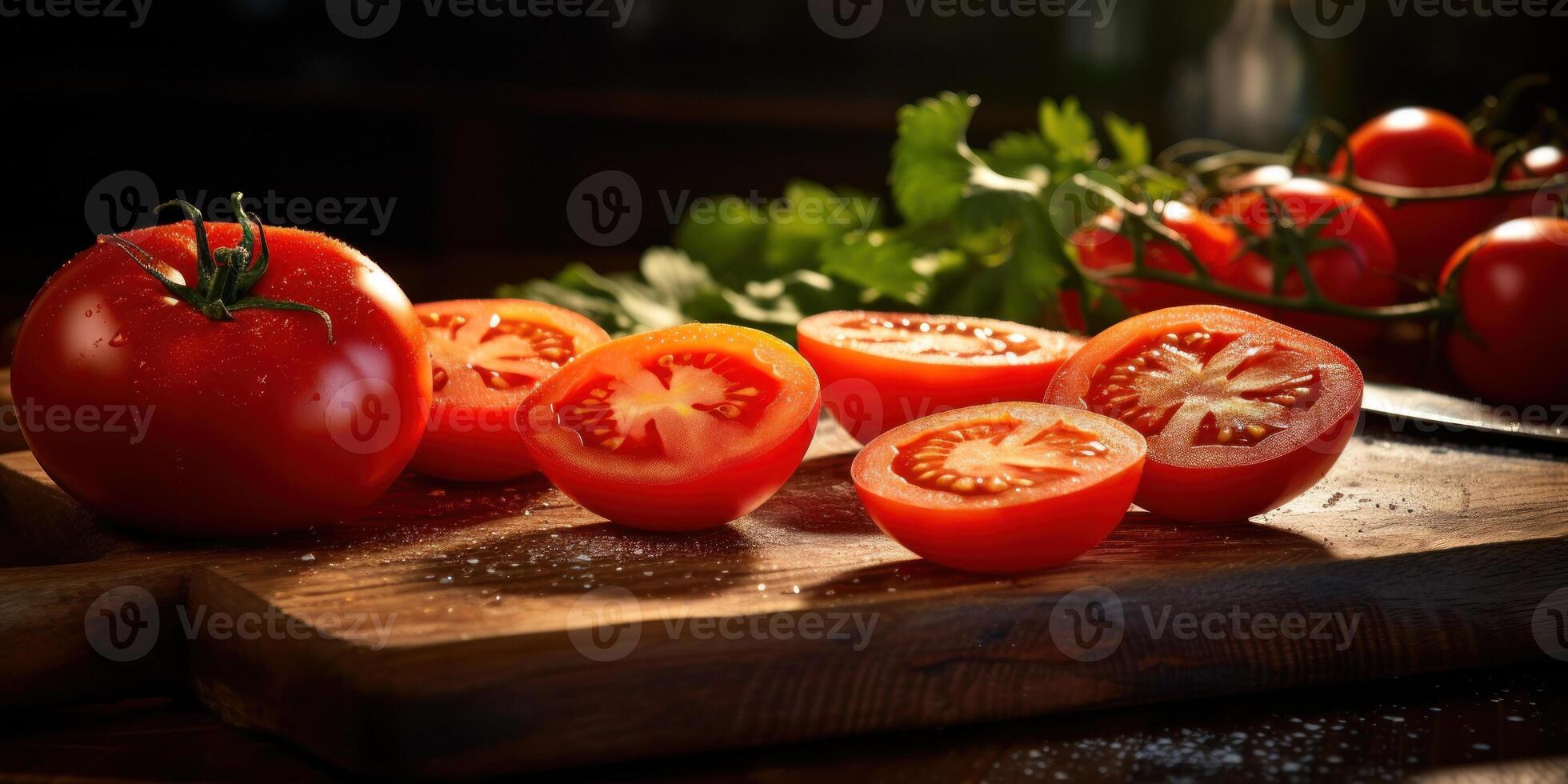 Fresh Tomato Slice on Wooden Board. Ripe Tomato Halves on Cutting Board. photo
