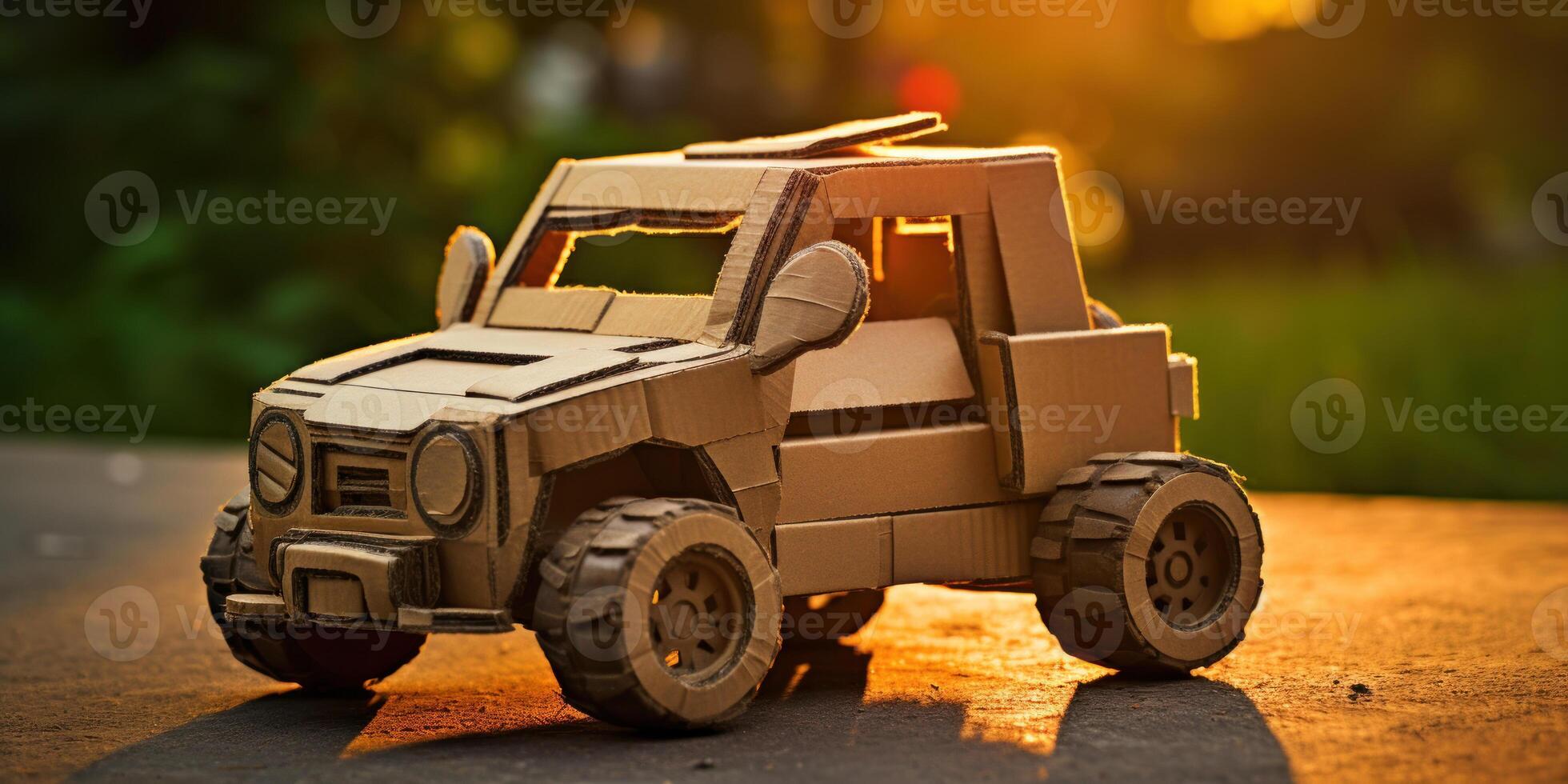 Cardboard Car Model Outdoors at Sunset. Eco-Friendly Childs Toy, Sustainable Hobby. photo