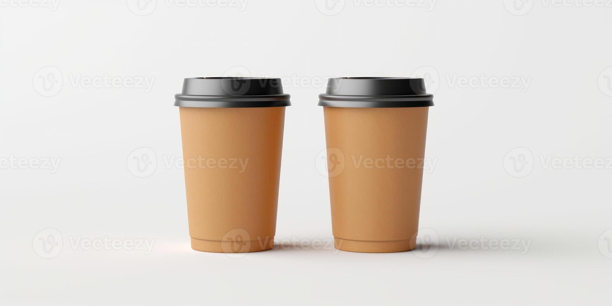 Two Craft Disposable Coffee Cups On White Background. Pair Of Eco-Friendly Paper Cups With Black Lids. photo