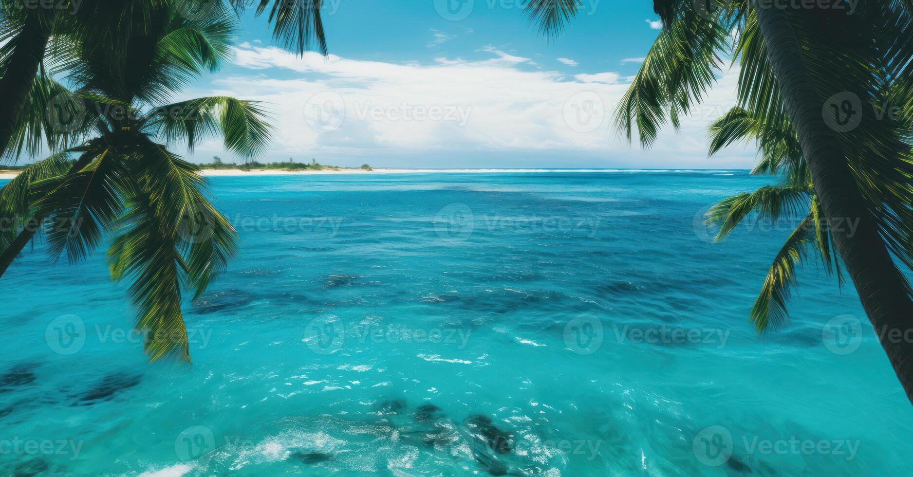 Pristine Tropical Seascape With Clear Waters and Palm Trees. Turquoise Ocean. photo