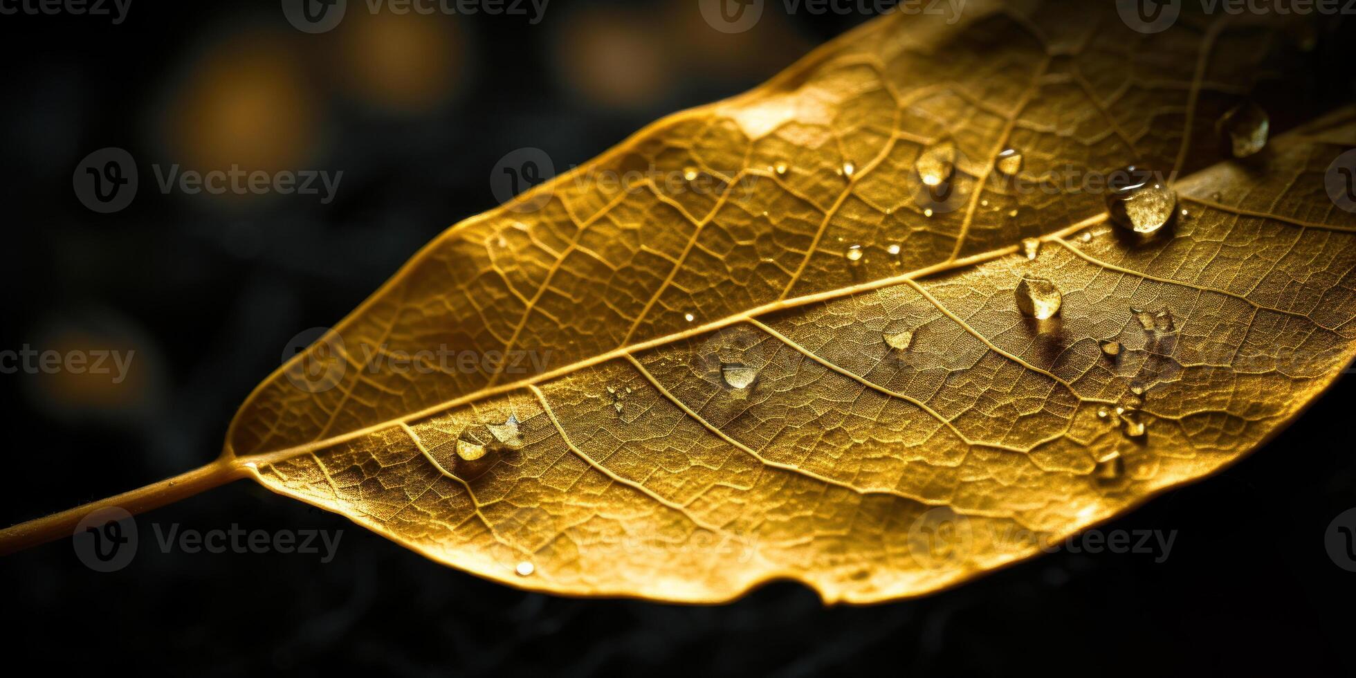Golden Fall Leaf With Dew Drops On Dark Background. Water Droplets On Autumn Golden Leaf. photo